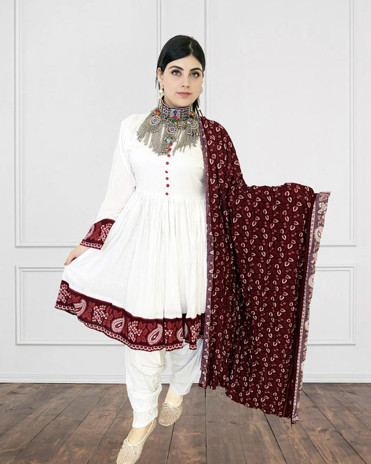 Traditional Frock Dress with Maroon Ajrak Dupatta Sadat Boutique