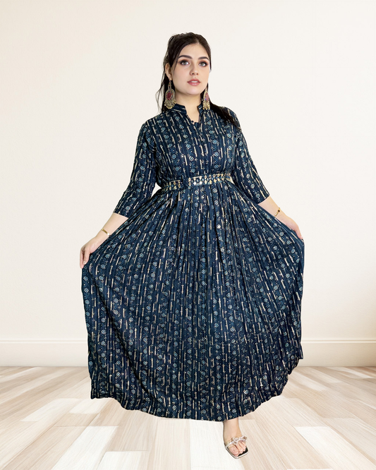 Navy Blue Indian Dress with Gold Foil Print Sadat Boutique