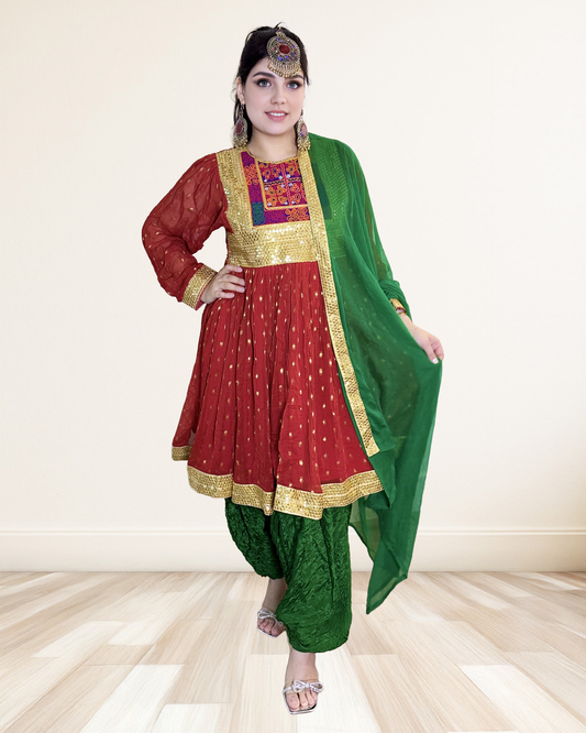 Red and Green Patiala Suit with Gold Gota Work Sadat Boutique
