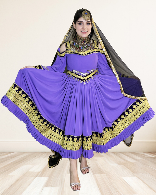 Royal Purple Afghan Dress with Pleated Skirt & Embroidered Shawl Sadat Boutique