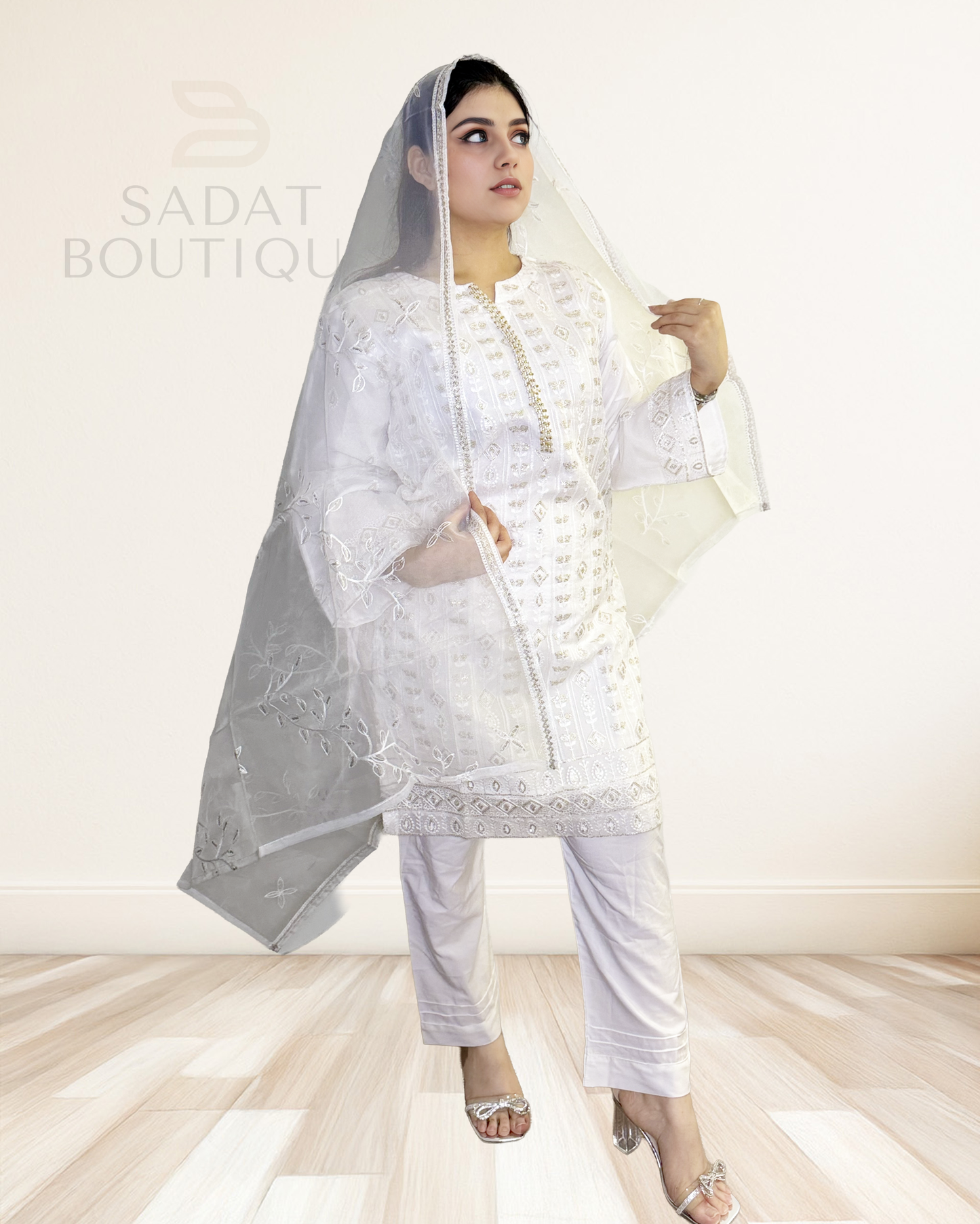 Classic White Panjabi Suit – Embroidered Elegance with Multicolor Patchwork Dupatta Sadat Boutique