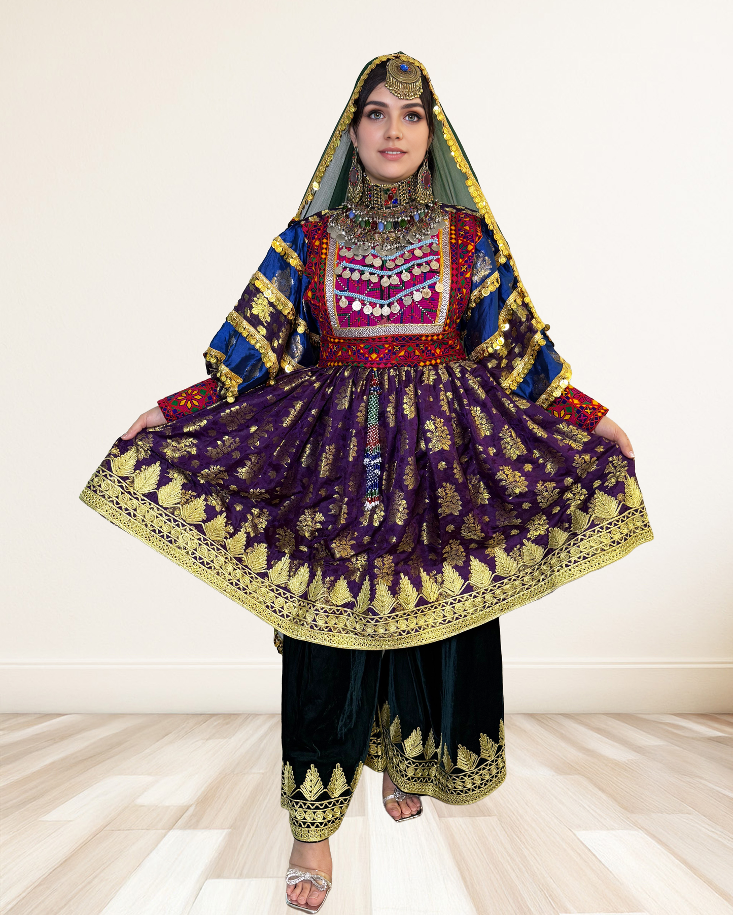 Embroidered Velvet Afghan Dress with Green Dupatt Sadat Boutique