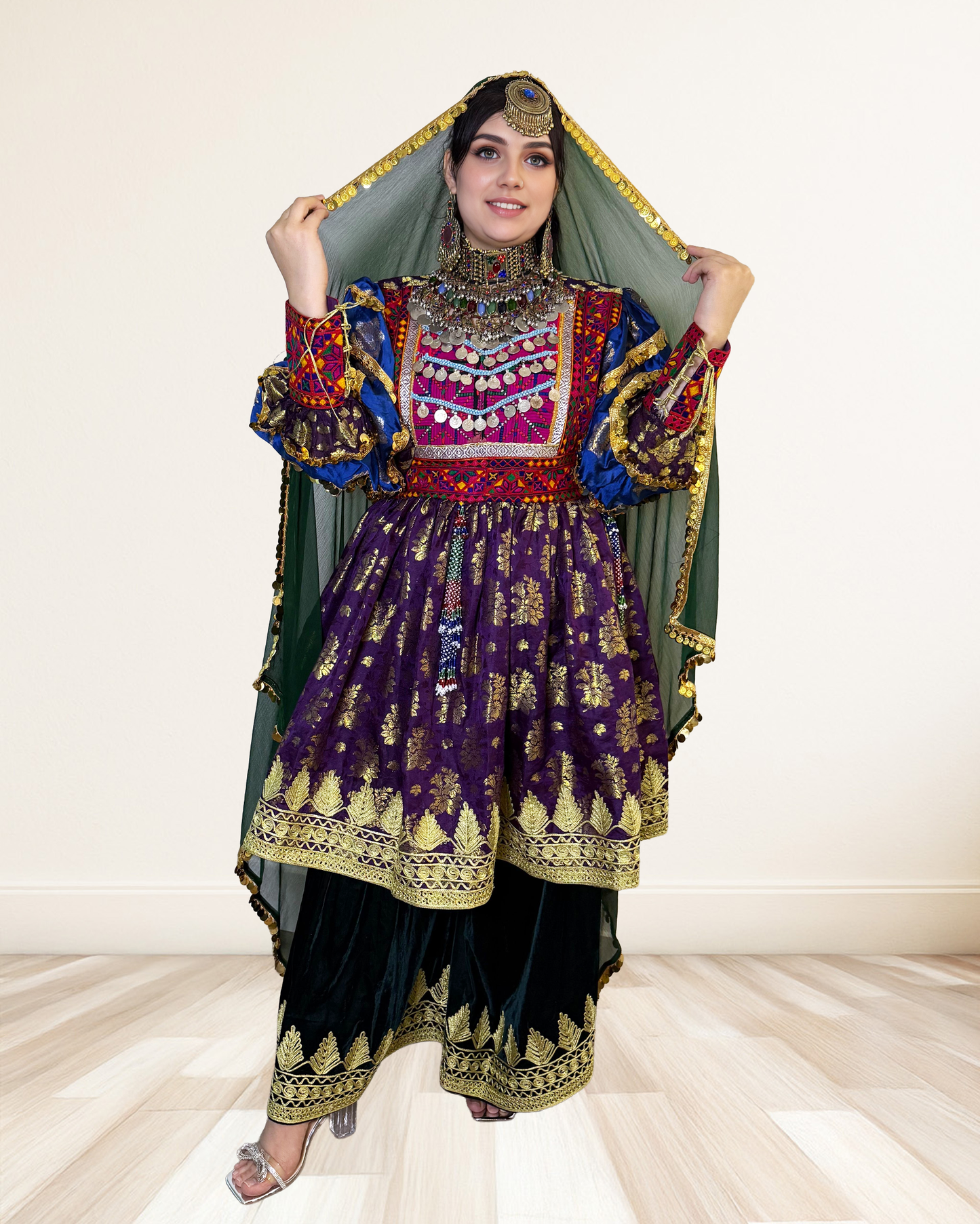 Embroidered Velvet Afghan Dress with Green Dupatt Sadat Boutique