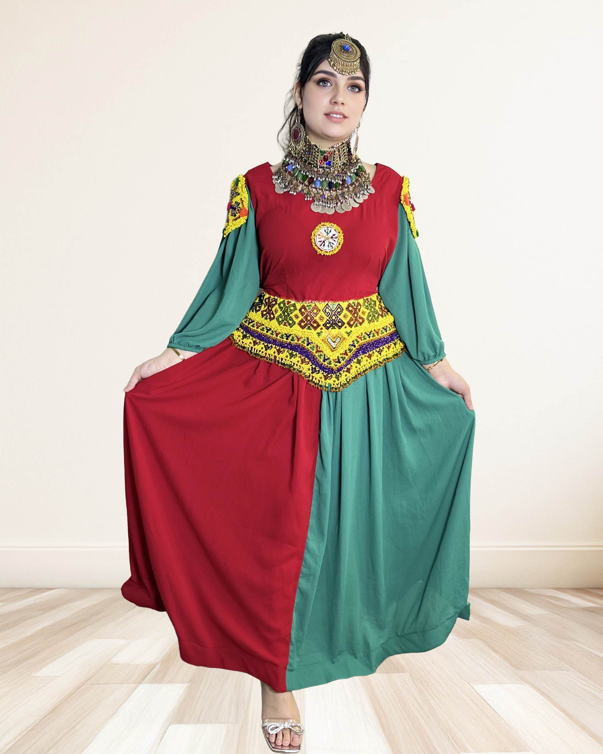 Red and Green Afghan Dress with Yellow Embroidered Wais Sadat Boutique Red and Green Afghan Dress with Yellow Embroidered Wais Sadat Boutique