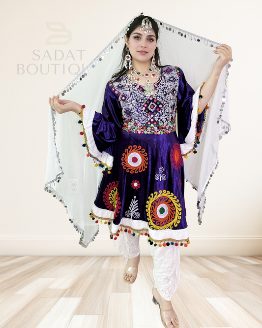 Title: Purple Short Afghan Dress with Embroidery & Coin Scar Sadat Boutique