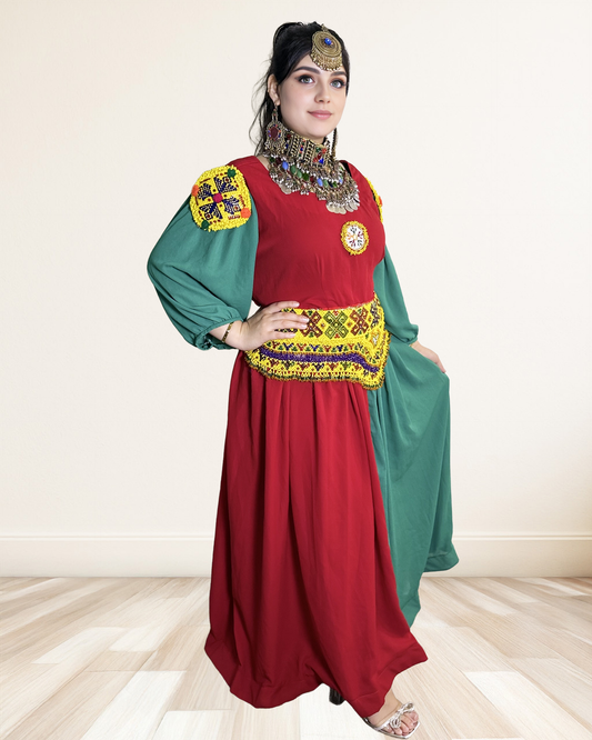 Red and Green Afghan Dress with Yellow Embroidered Wais Sadat Boutique