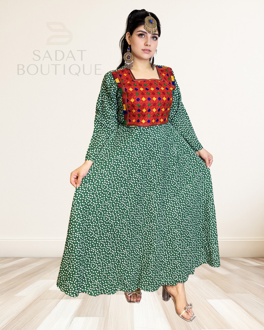 Naaz Afghan Dress – Playful Polka Dots with Heritage Embroidery Sadat Boutique