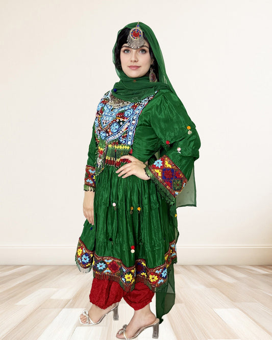 Emerald Green Afghan Dress – Hand Embroidery with Pom-Pom Accents Sadat Boutique