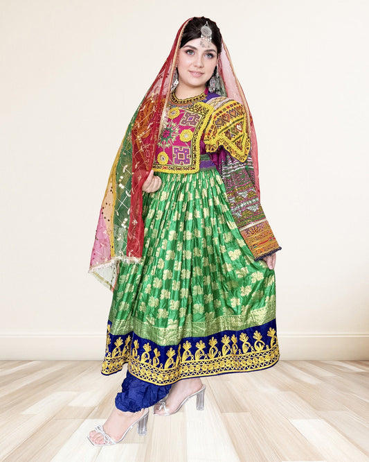 Green Brocade Traditional Afghan Dress Sadat Boutique