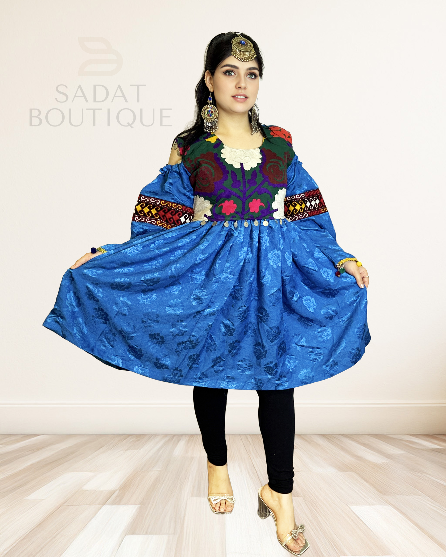 Parwana Blue Brocade Afghan Dress Sadat Boutique