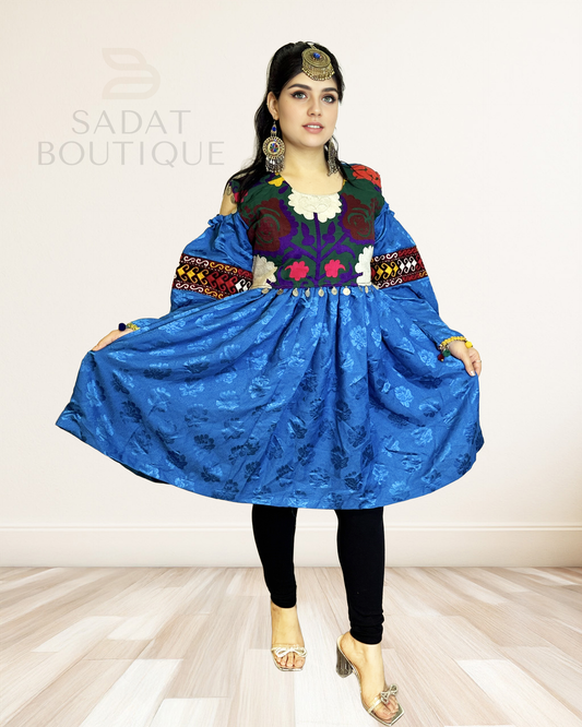 Parwana Blue Brocade Afghan Dress Sadat Boutique