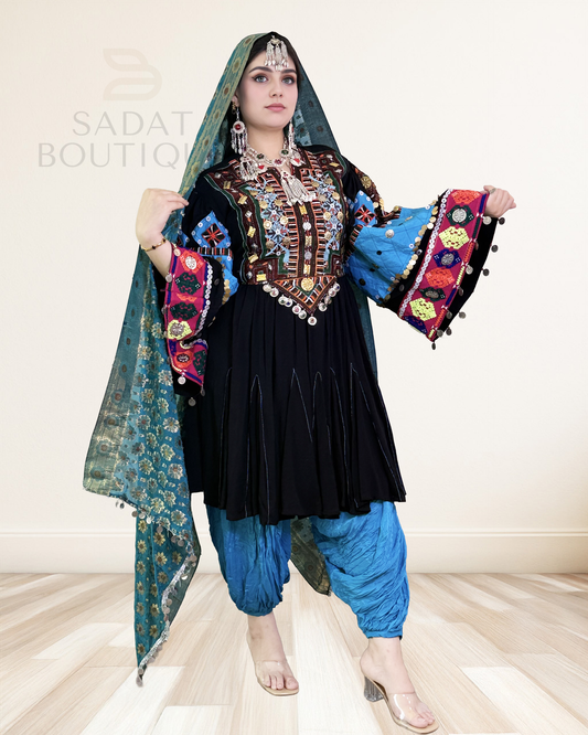 Title: Patchwork Afghan Dress with Embroidered Bodice & Brocade Scar Sadat Boutique