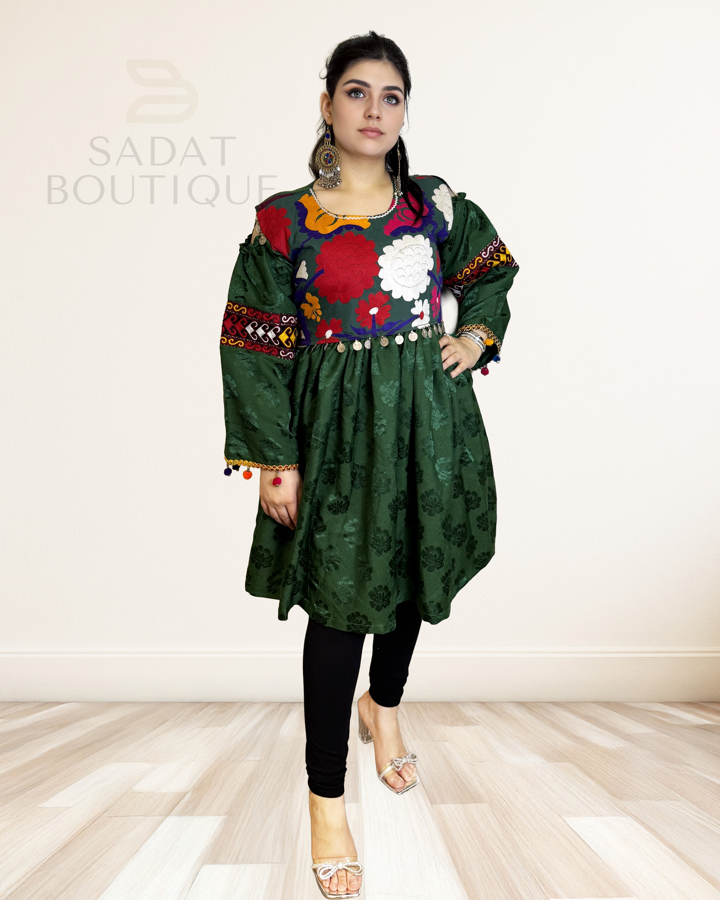 Parwana Afghan Dress – Embroidered Floral Glam in Blue or Green Brocade Sadat Boutique