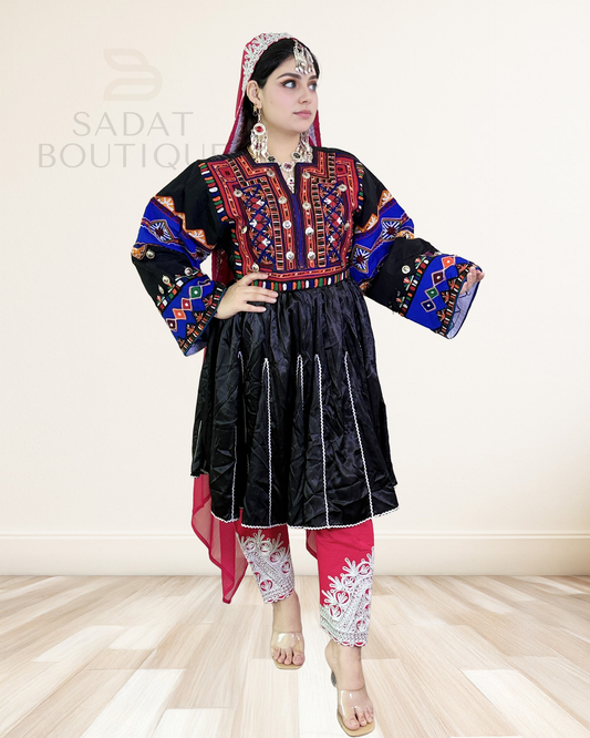 Title: Black Afghan Dress with Royal Embroidery & Pink Scarf Se Sadat Boutique