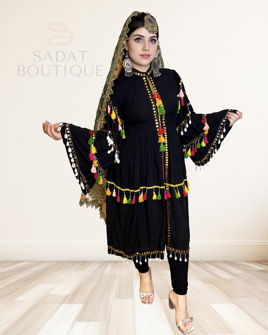 Raqs-e-Noor Afghan Dress – Festival Flair with Traditional Tassels & Pearls Sadat Boutique