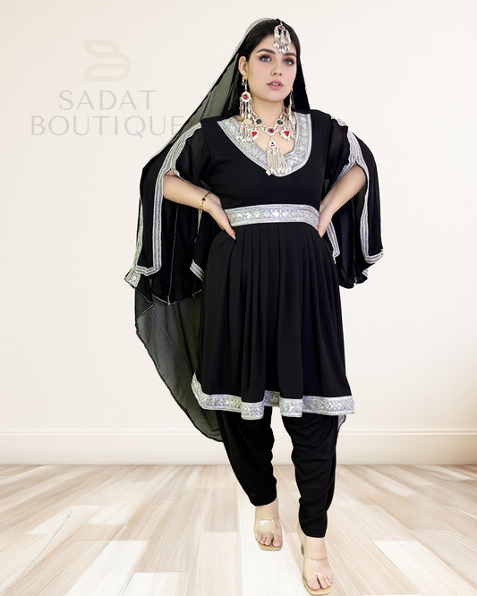 Title: Classic Black Afghan Dress with Silver Trim & Scarf Sadat Boutique