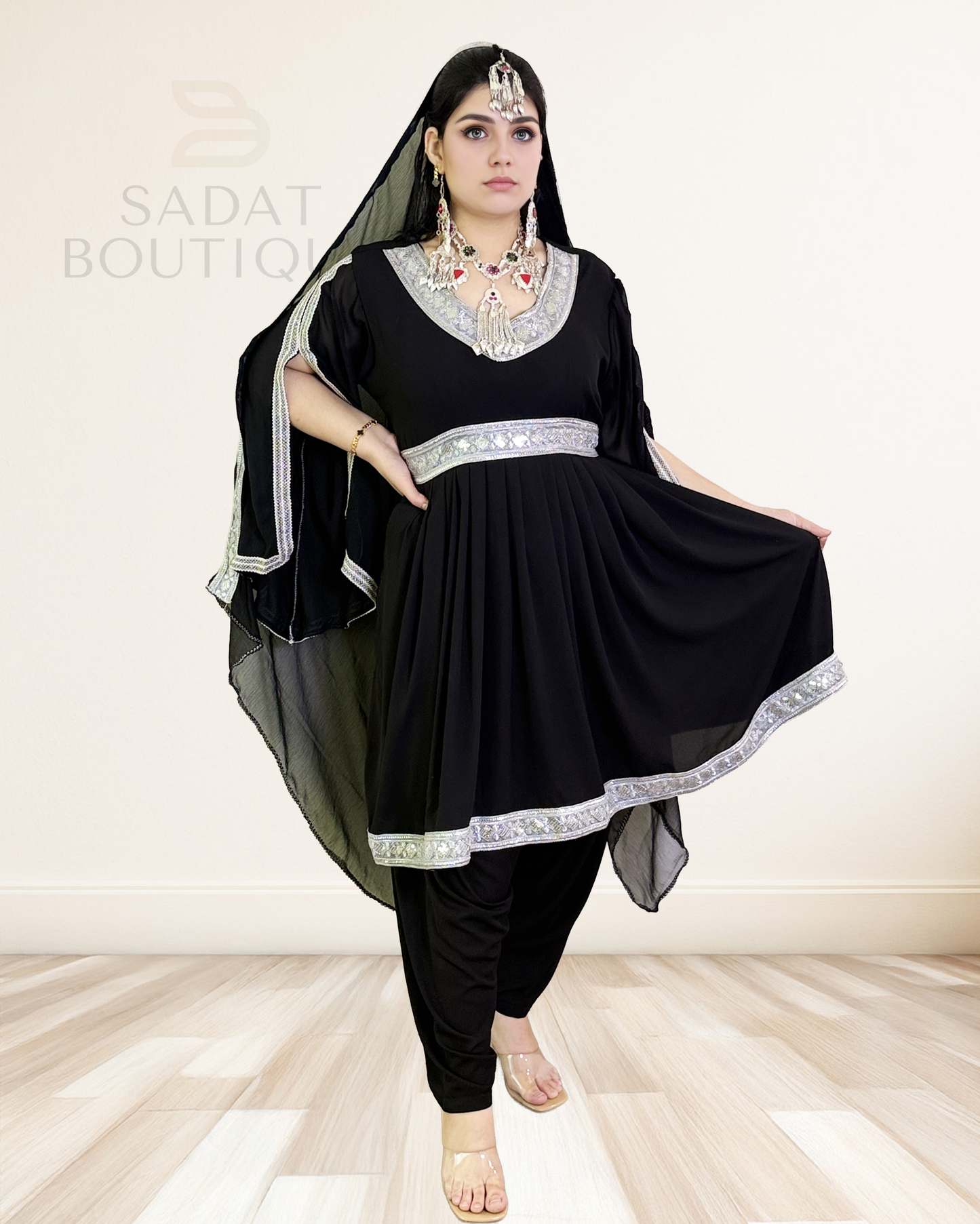 Title: Classic Black Afghan Dress with Silver Trim & Scarf Sadat Boutique