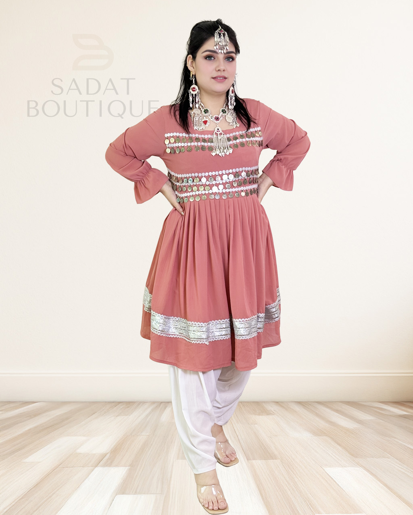 Title: Peach Afghan Dress with Silver Coins & White Pants Sadat Boutique