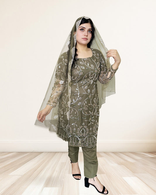 Olive Green Embroidered Net Suit Sadat Boutique