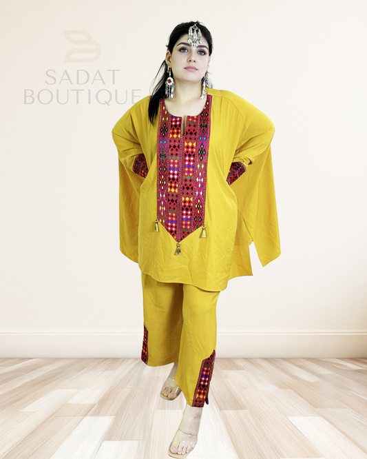 Title: Mustard Yellow Afghan Casual Set with Colorful Embroider Sadat Boutique