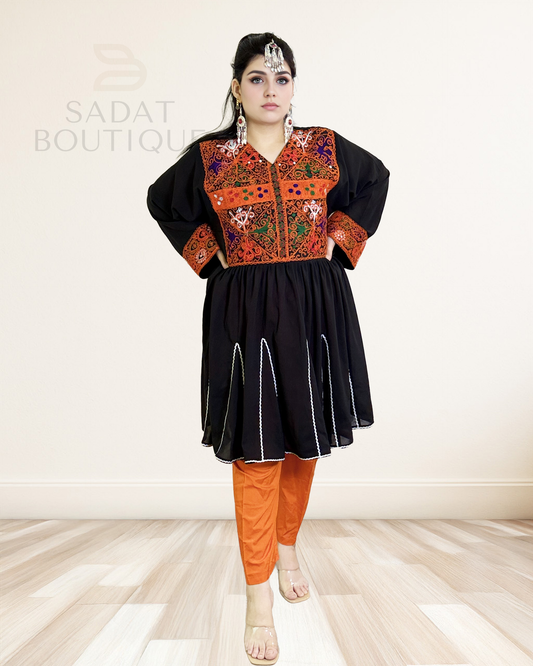 Title: Black Afghan Dress with Orange Embroidery & Pants Sadat Boutique