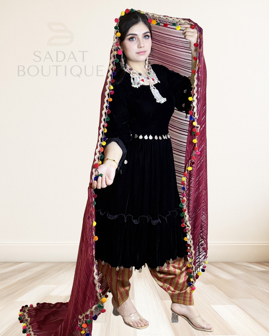 Title: Black Velvet Afghan Dress with Striped Pants & Maroon Scarf Sadat Boutique