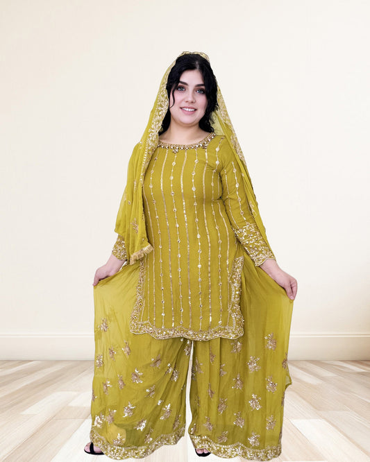 Mustard Yellow Punjabi Sharara Suit  With Mirror Work & Royal Elegance Sadat Boutique