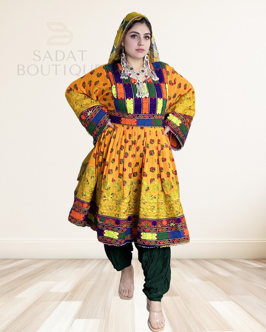 Title: Yellow Embroidered Afghan Dress with Mirror Dupatt Sadat Boutique