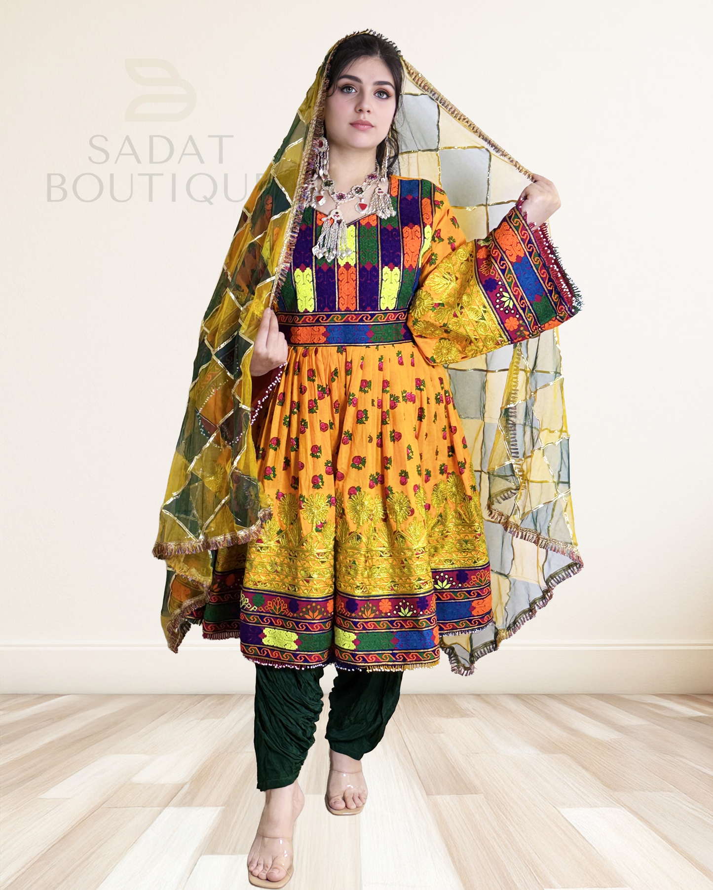Title: Yellow Embroidered Afghan Dress with Mirror Dupatt Sadat Boutique