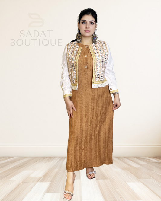 Modern Afghan Vest Set – Neutral Toned Cultural Dress with Embroidered Waistcoat Sadat Boutique