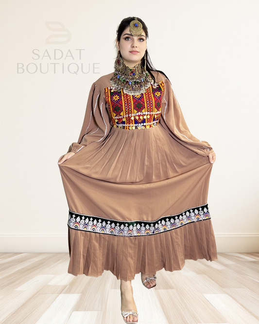 Afghan Dress with Embroidered Bodice & Pleated Hem Sadat Boutique