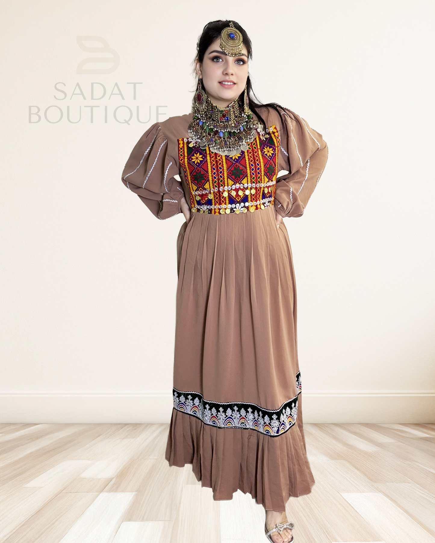 Afghan Dress with Embroidered Bodice & Pleated Hem Sadat Boutique