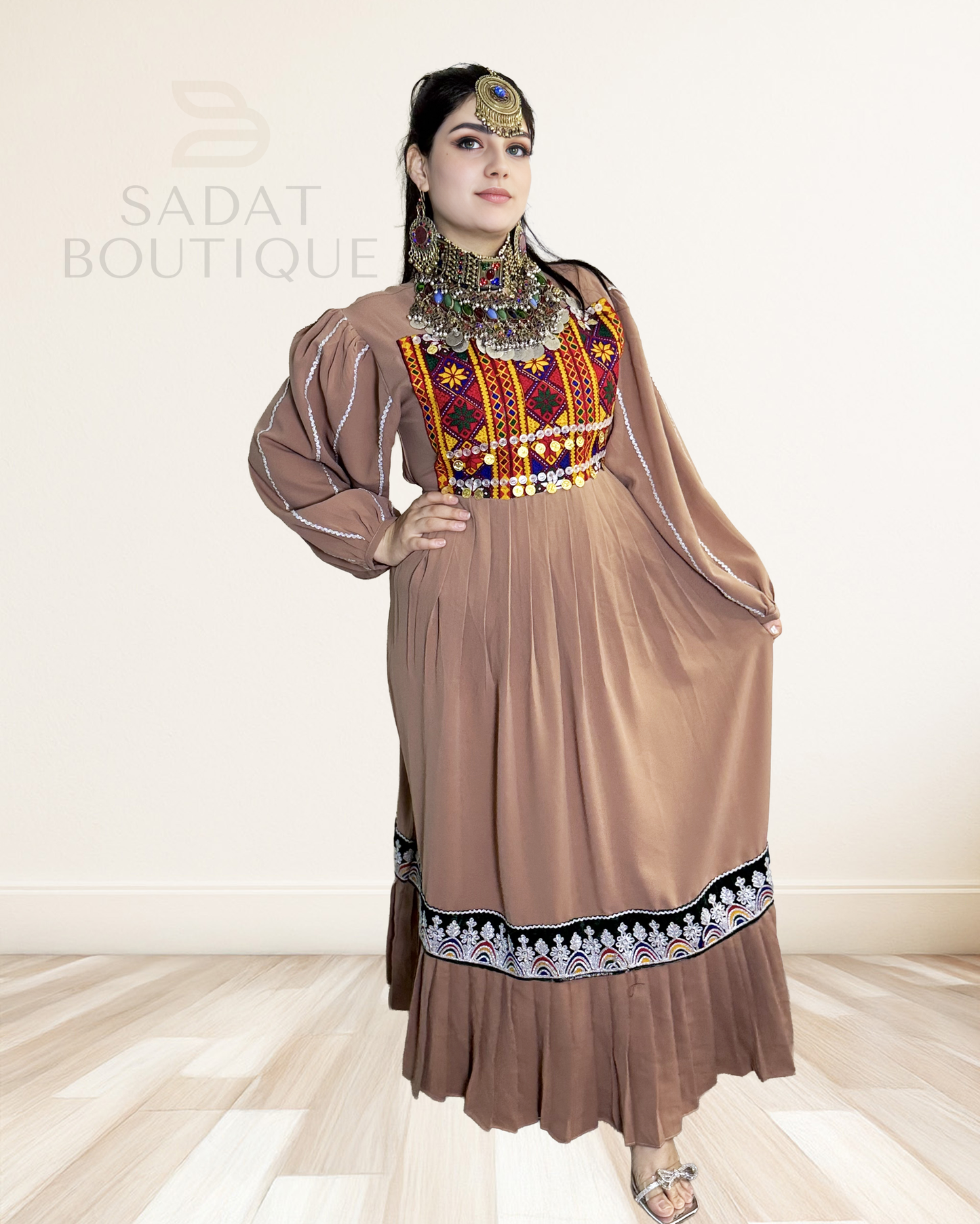 Afghan Dress with Embroidered Bodice & Pleated Hem Sadat Boutique