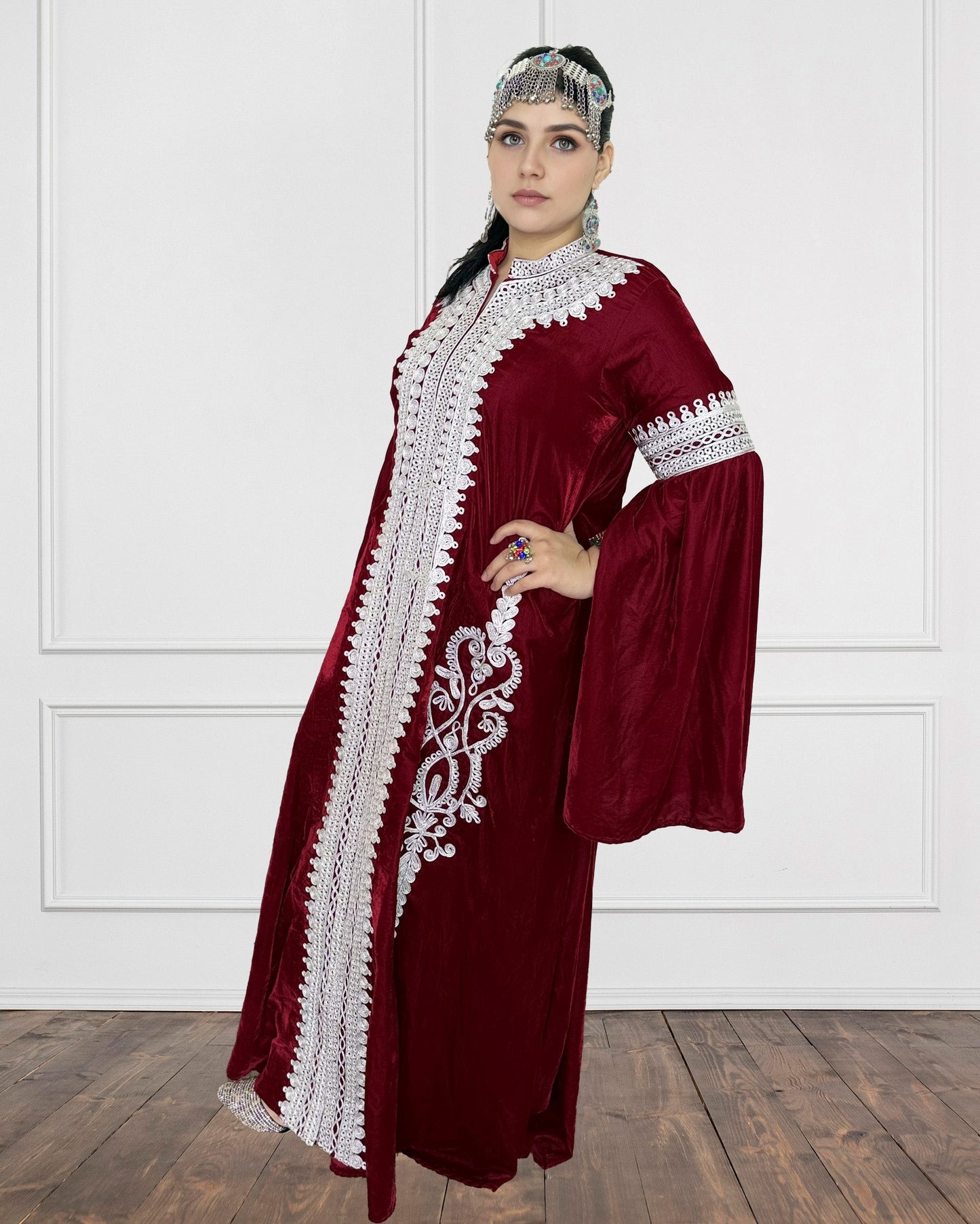 Imperial Maroon Charmadozi Afghan Velvet Gown Sadat Boutique