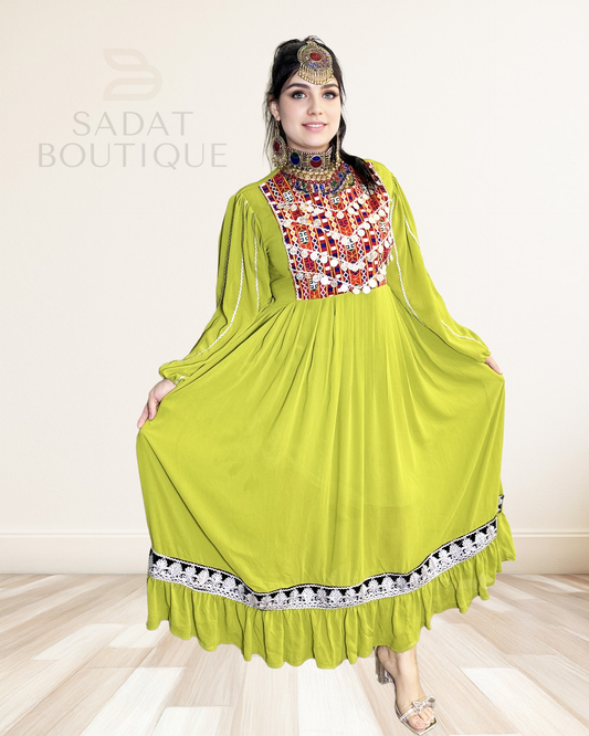 Vibrant Lime Green Afghan Maxi Dress Sadat Boutique