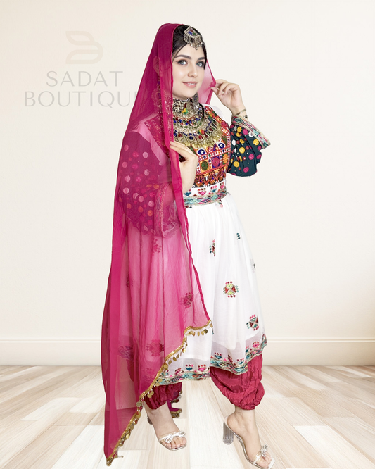 White Afghan Traditional Dress Sadat Boutique