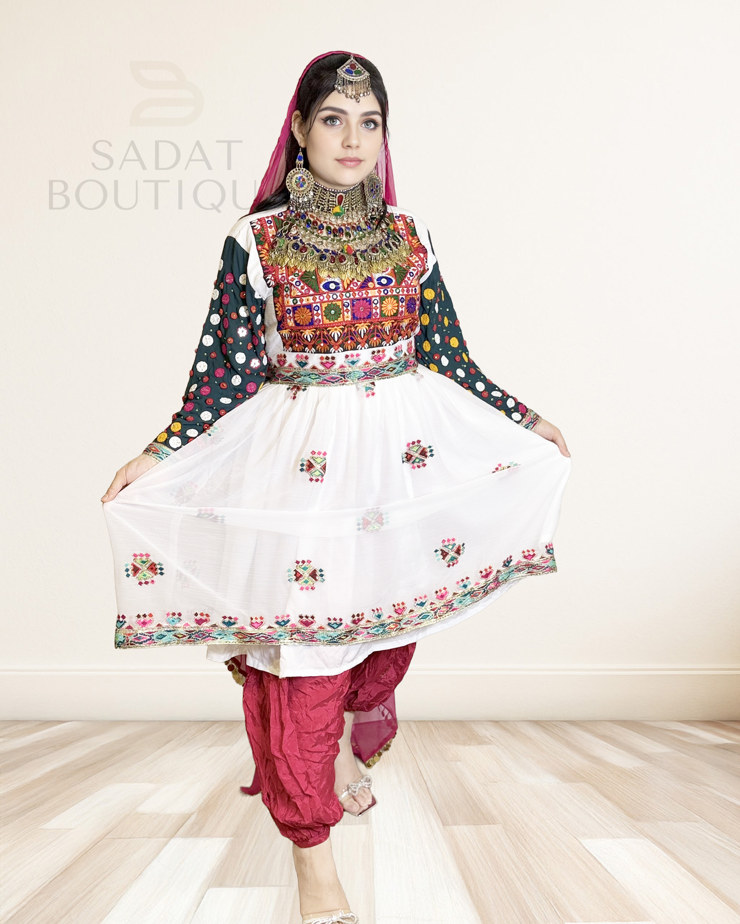 White Afghan Traditional Dress Sadat Boutique