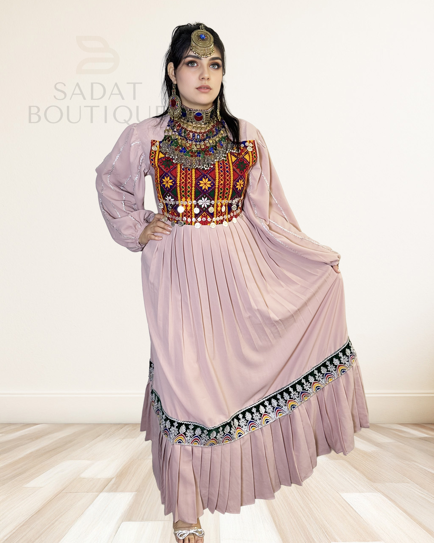 Soft Blush Pleated Afghan Dress Sadat Boutique