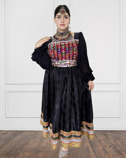 Midnight Royalty Afghan Dress with Bold Tribal Embroidery Sadat Boutique