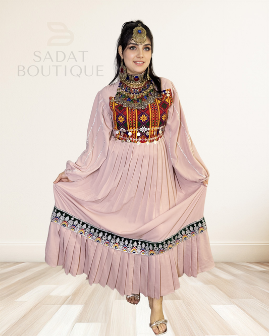 Soft Blush Pleated Afghan Dress Sadat Boutique