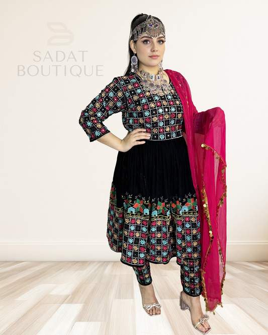 Noorani Charm Afghan Set – Embroidered Velvet Dress with Chori Pajama & Fuchsia Dupatta Sadat Boutique