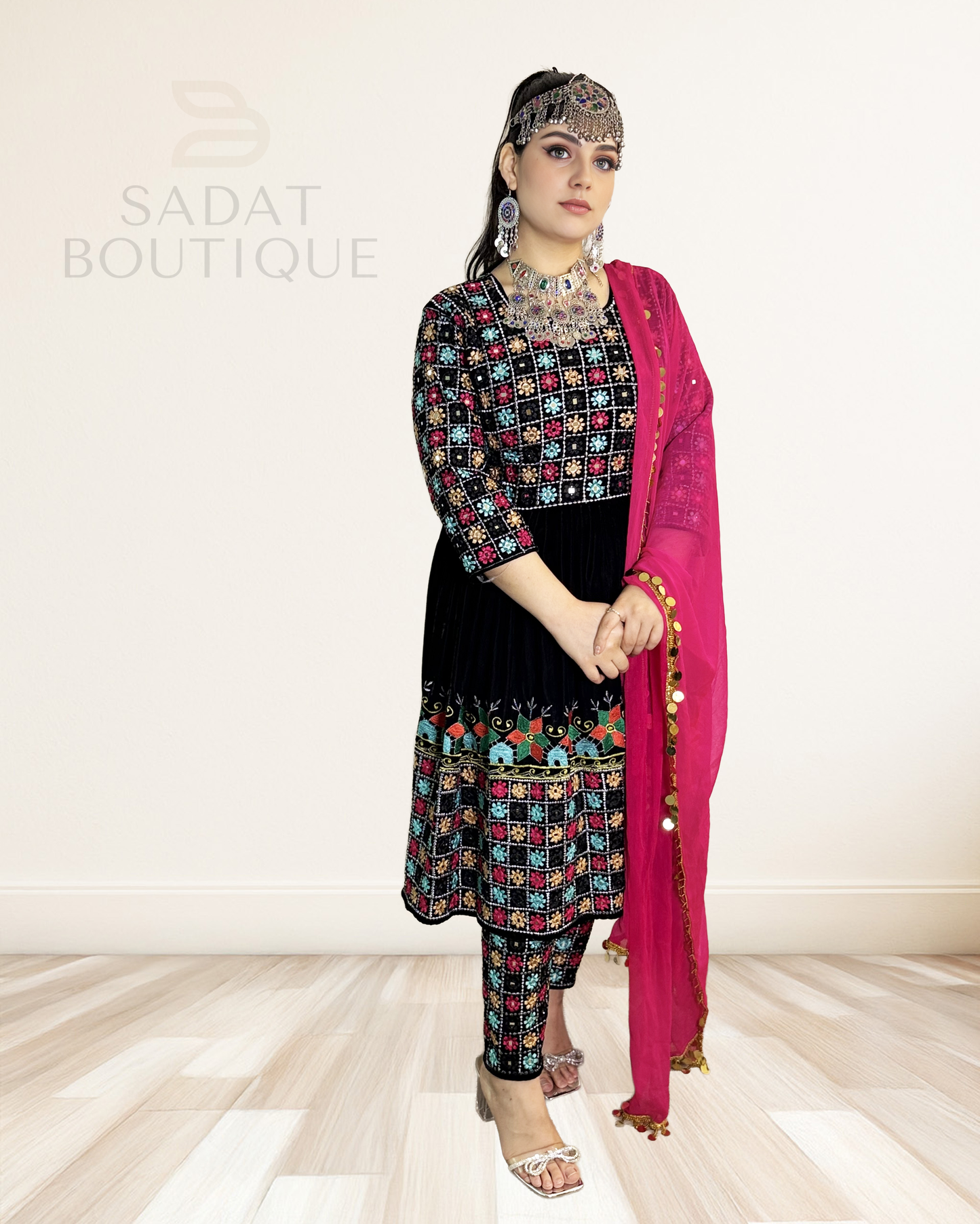 Noorani Charm Afghan Set – Embroidered Velvet Dress with Chori Pajama & Fuchsia Dupatta Sadat Boutique