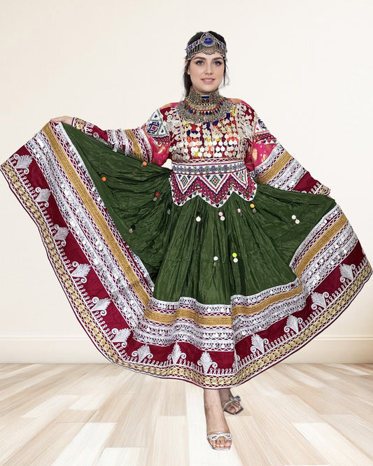 Green & Maroon Traditional Afghan Dress – Mirror Work & Grand Flare Sadat Boutique