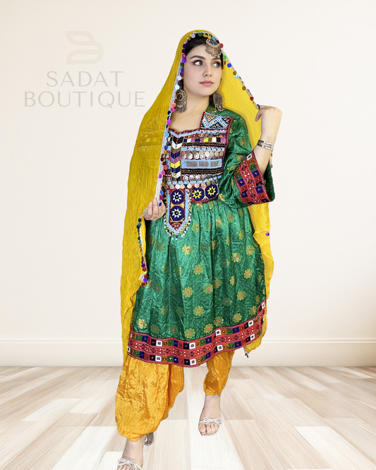 Emerald Green & Saffron Yellow Afghan Dress Sadat Boutique