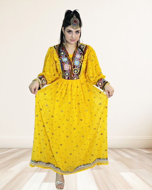 Traditional Afghan Dress with Beaded Bodice & Mesh Skirt Sadat Boutique
