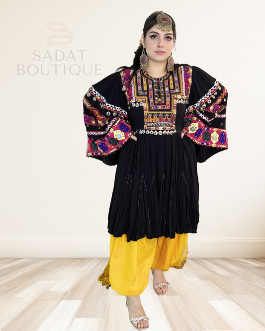 Sunshine Afghan Dress – Black & Yellow Traditional Ensemble with Bold Embroidery Sadat Boutique