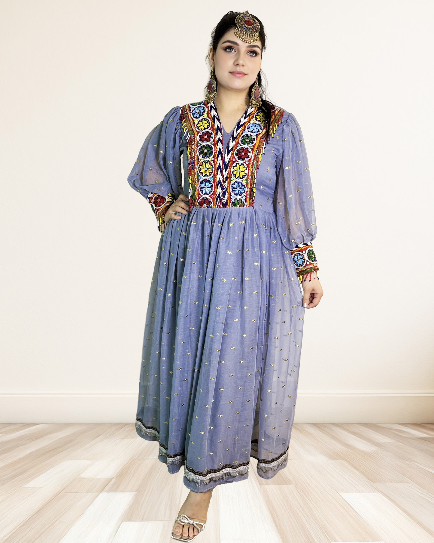 Dusty Blue Afghan Dress with Beaded Bodice & Mesh Skirt Sadat Boutique