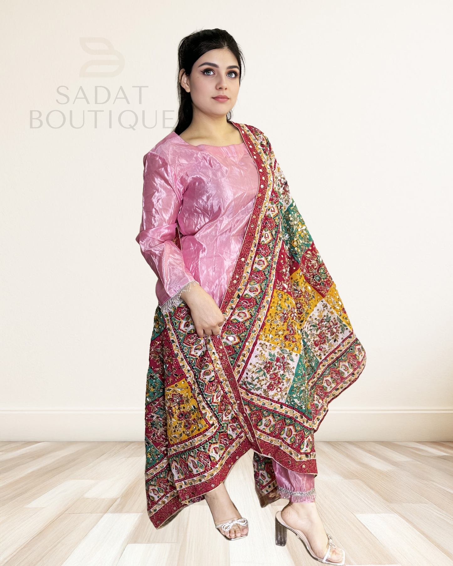 Traditional Pink Punjabi Suit – Glossy Silk Finish with Multicolor Mirror Work Dupatta Sadat Boutique