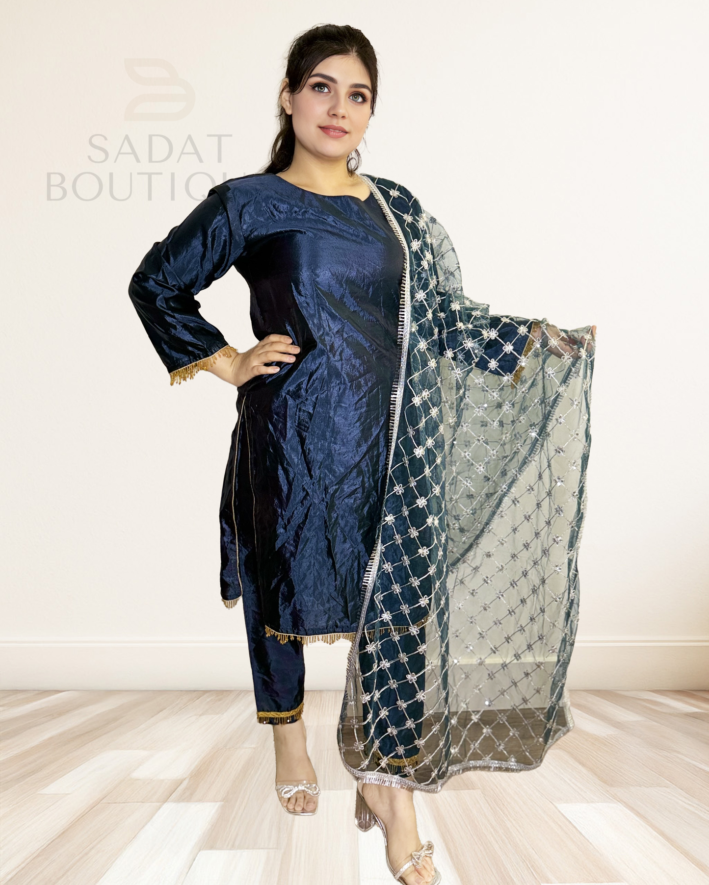 Navy Blue Punjabi Suit – Glossy Silk Ensemble with Vibrant Multicolor Phulkari Dupatta Sadat Boutique
