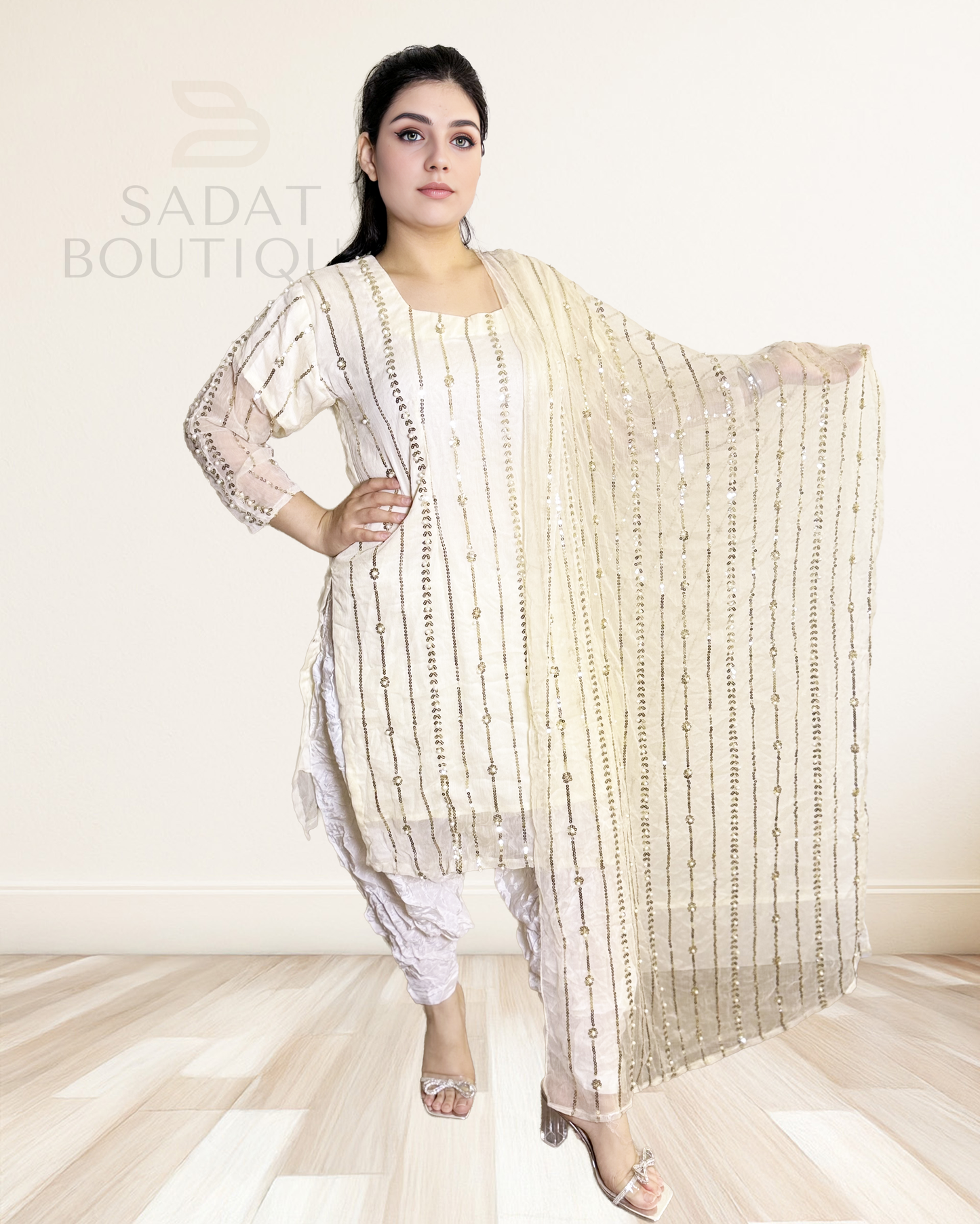 Ivory White Embellished Punjabi Suit – Crinkle-Style Comfort with Sequin Glow Sadat Boutique